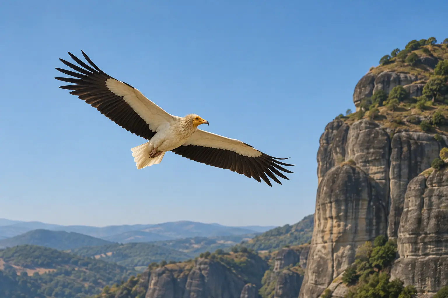 An adult Egyptian vulture soars with its black-and-white wings spread against a blue sky, seen from below, with the top of a Meteora rock pillar at the edge of the frame.