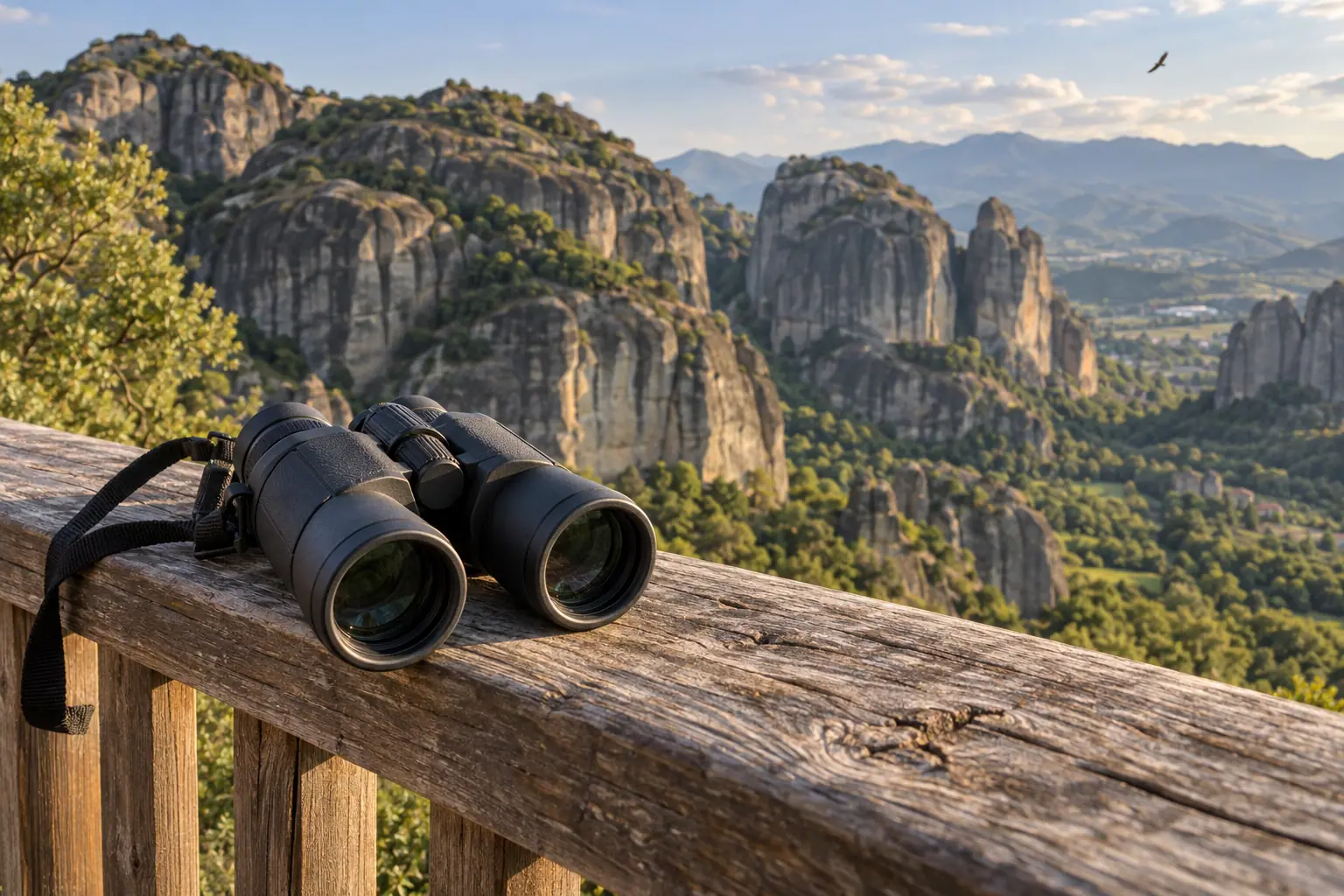 Binoculars on a wooden viewpoint railing, with the Meteora rocks in the background and a bird of prey in flight