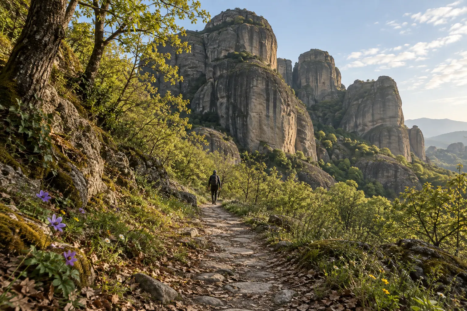 A distant hiker, seen from behind, walks a stone-paved path lined with wildflowers beneath the rock pillars of Meteora.