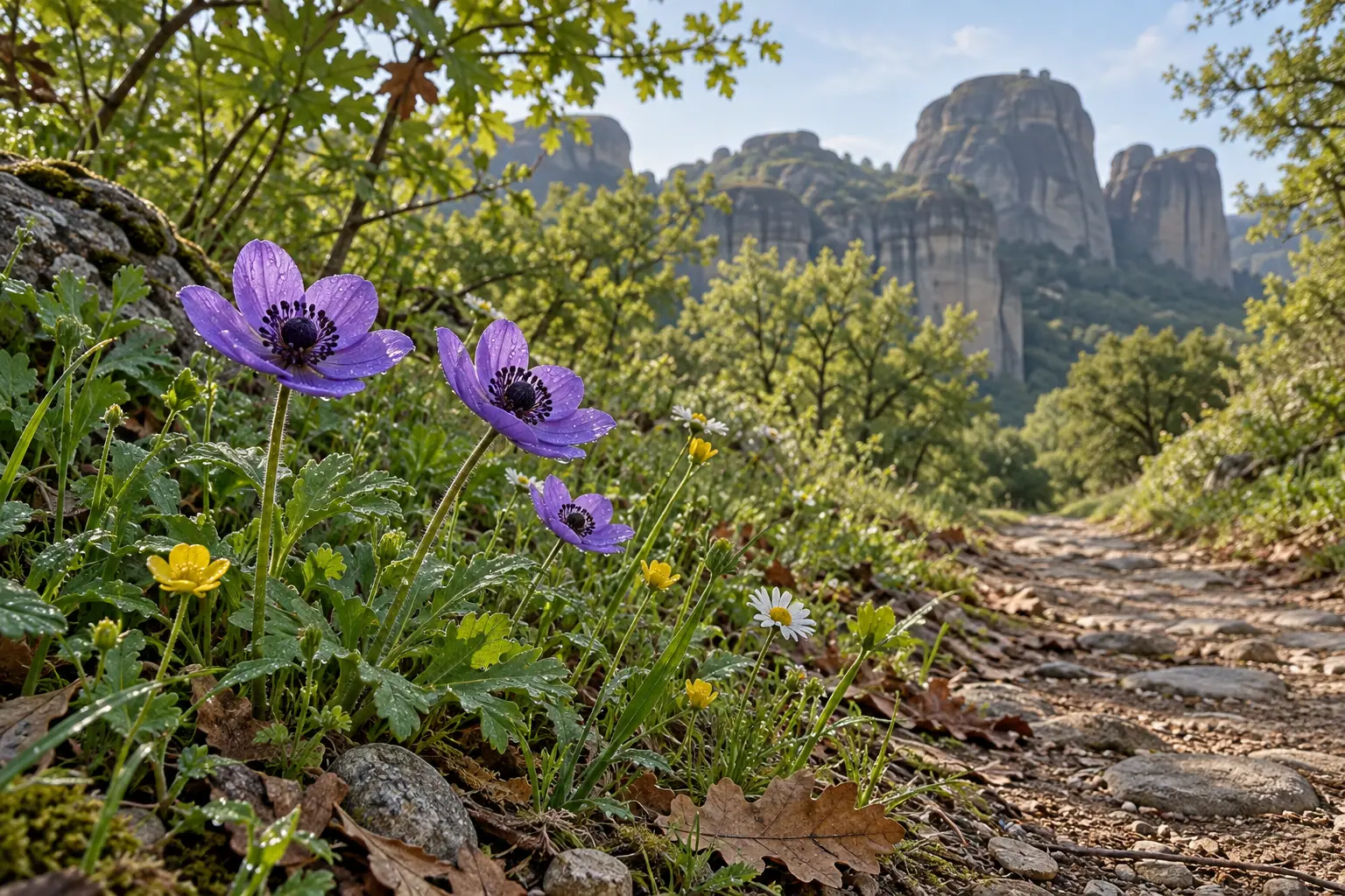 Dew-covered wildflowers at the edge of the path, with the rocks of Meteora blurred in the distance