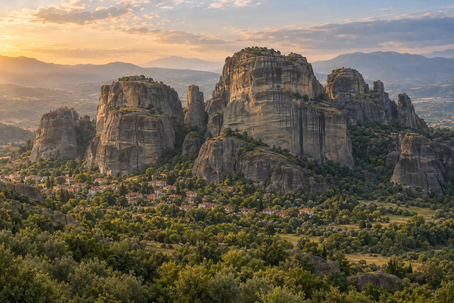 Σύμπλεγμα βράχων των Μετεώρων στο χρυσό φως, με ένα μικρό χωριό με κεραμιδένιες στέγες στους πρόποδές τους.